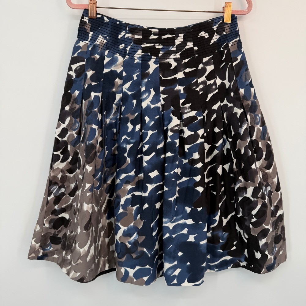 Maeve Anthropologie Blue Abstract Painterly Pleated A-Line Cotton Skirt 4 Modern